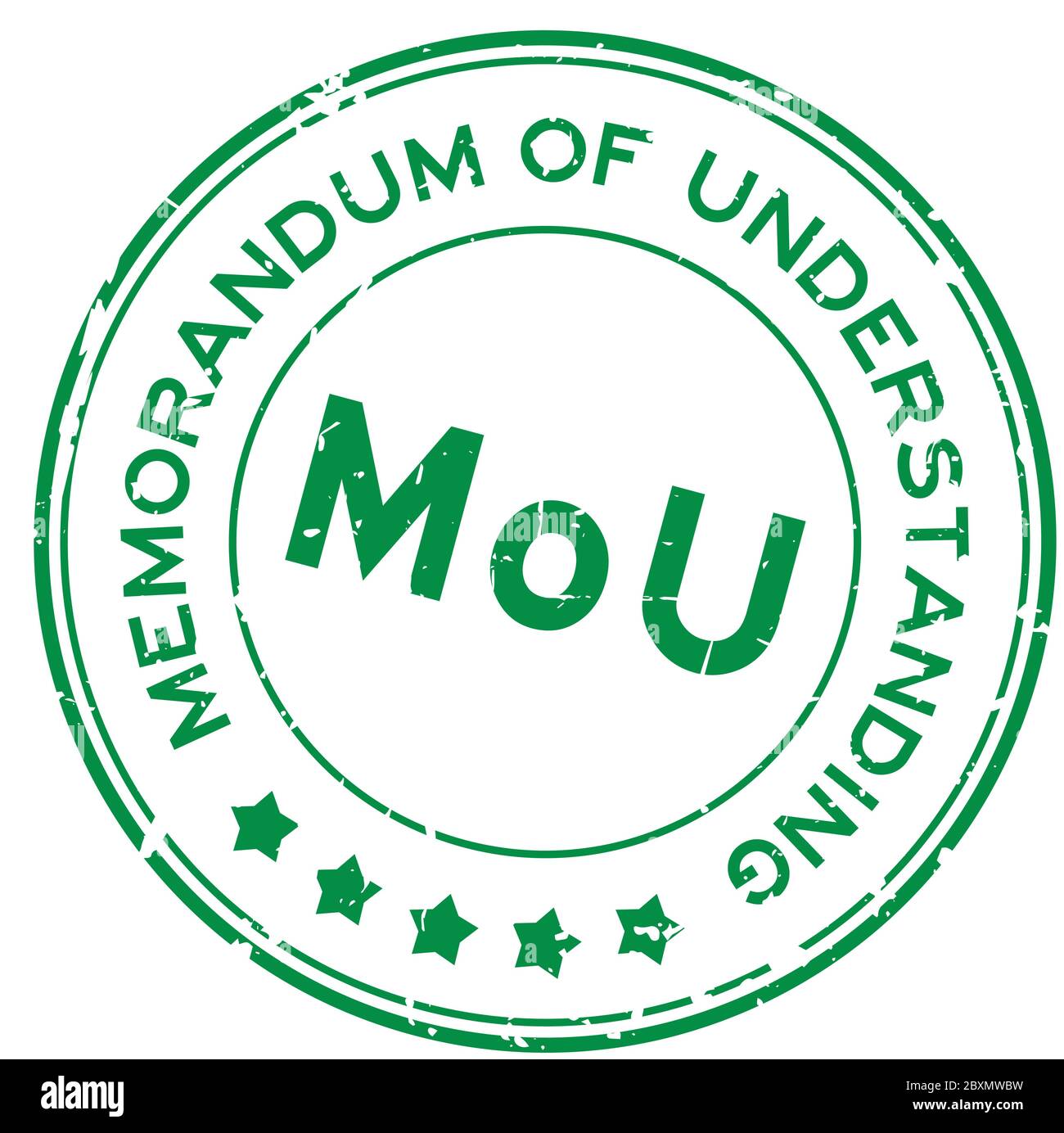 Grunge verde MOU (abbreviazione di memorandum of understanding) parola rotondo sigillo di gomma stampigliato su sfondo bianco Illustrazione Vettoriale