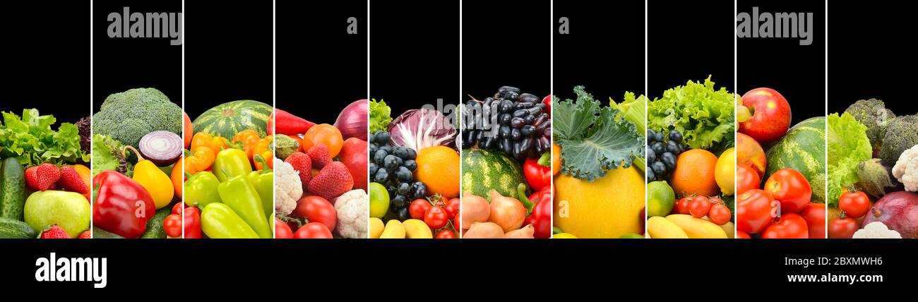 Verdure, frutta, bacche separarono linee verticali isolate su sfondo nero. Foto Stock