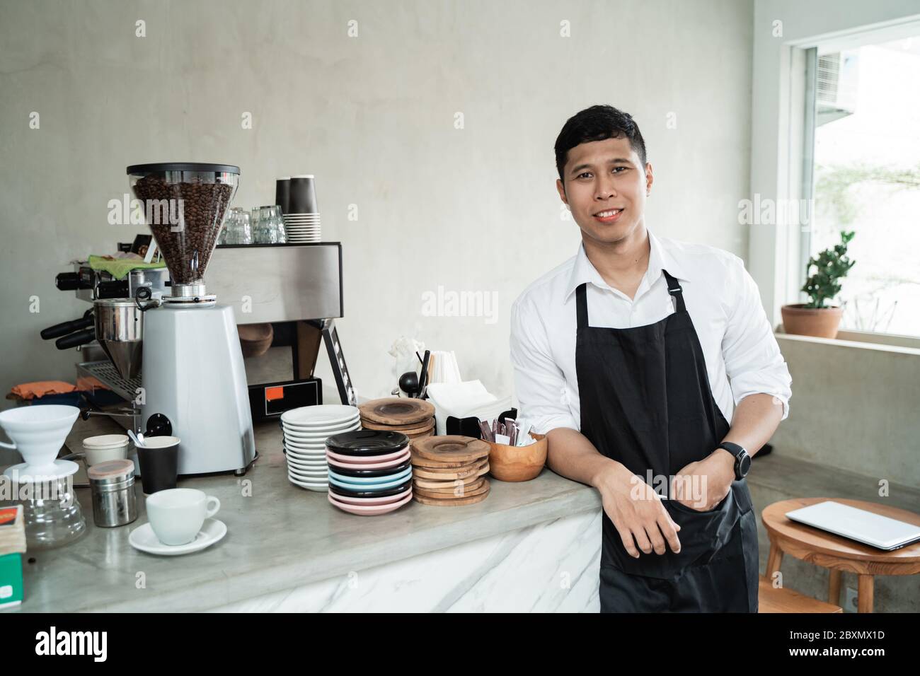 barista con braccio posteriore in piedi sul posto di lavoro in caffetteria Foto Stock