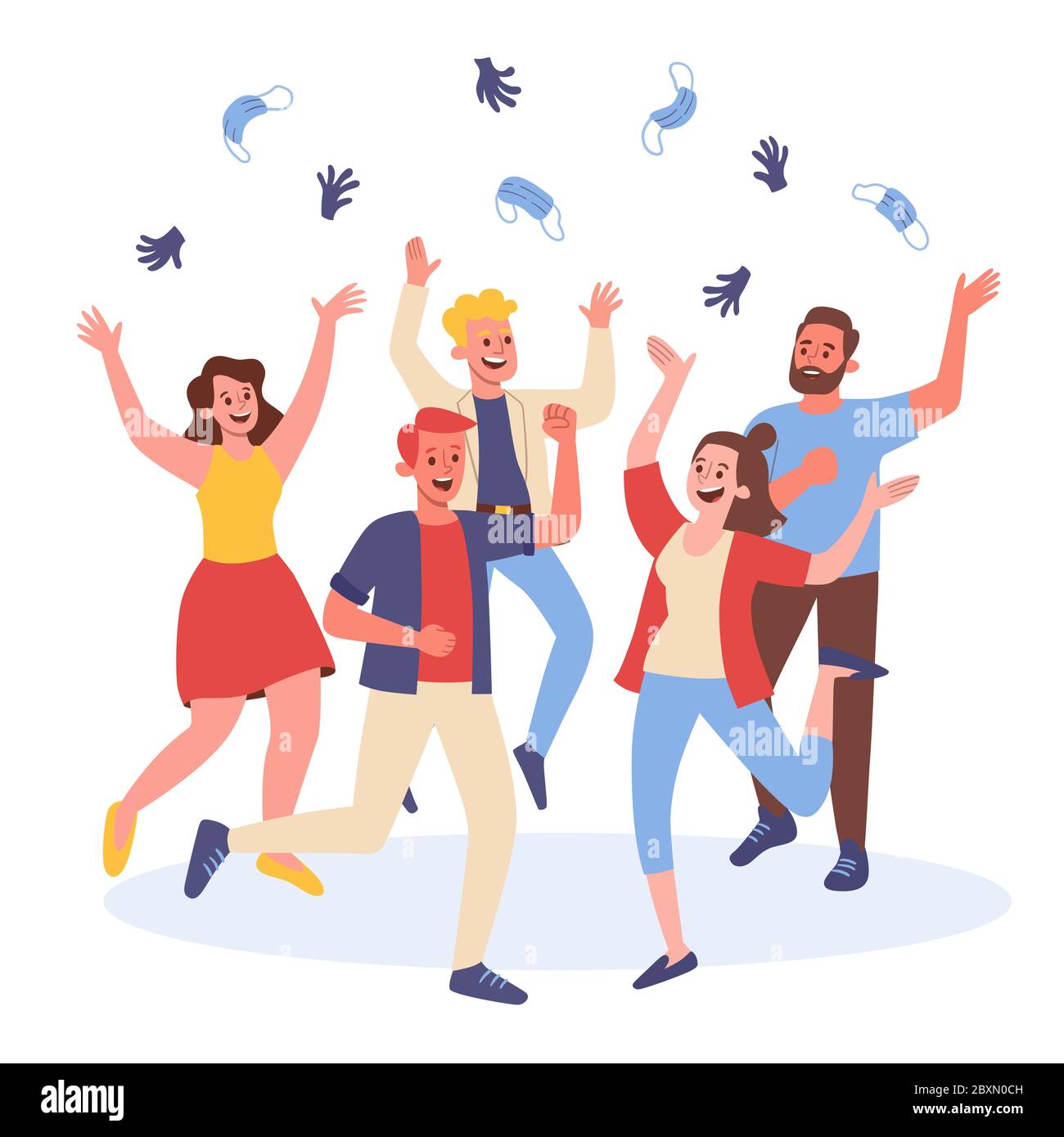 Gruppo di cinque giovani che festeggiano la fine della pandemia, gettando in aria le loro maschere chirurgiche e guanti e ballando. Illustrazione Vettoriale