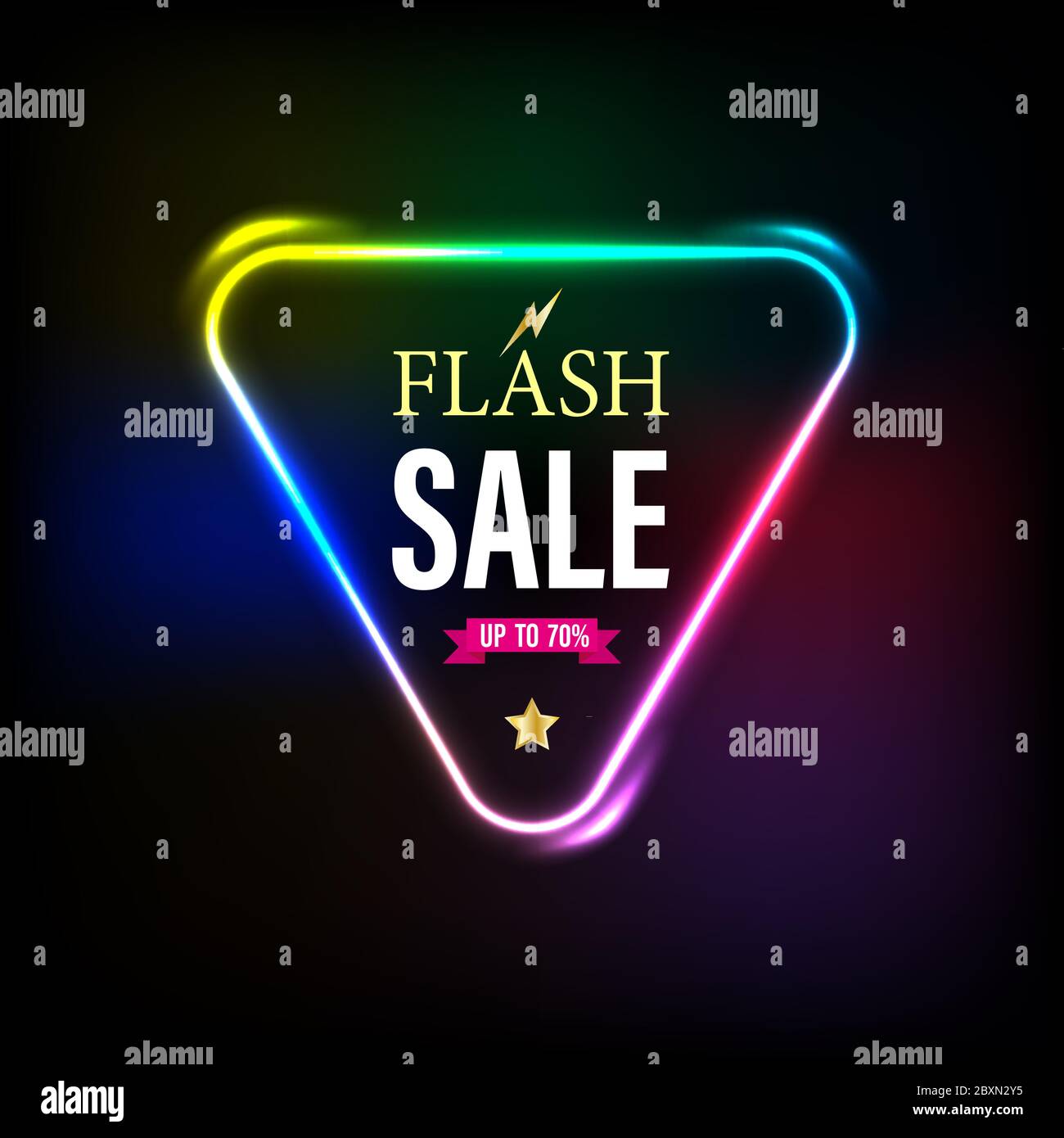 Banner di vendita triangolo chiaro su sfondo scuro per la pubblicità degli elementi promozionali. Illustrazione Vettoriale