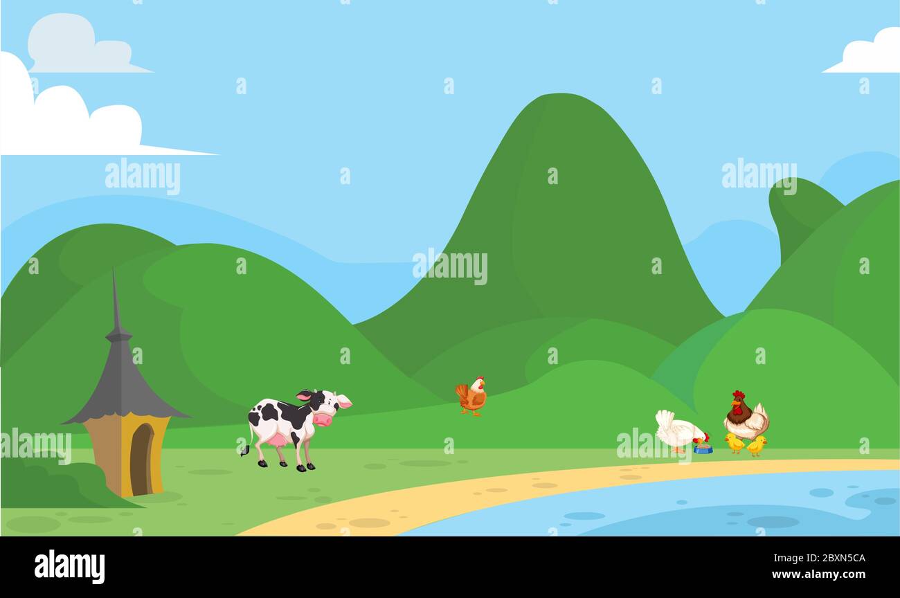 gli animali sono erba pascolo vicino al fiume Illustrazione Vettoriale