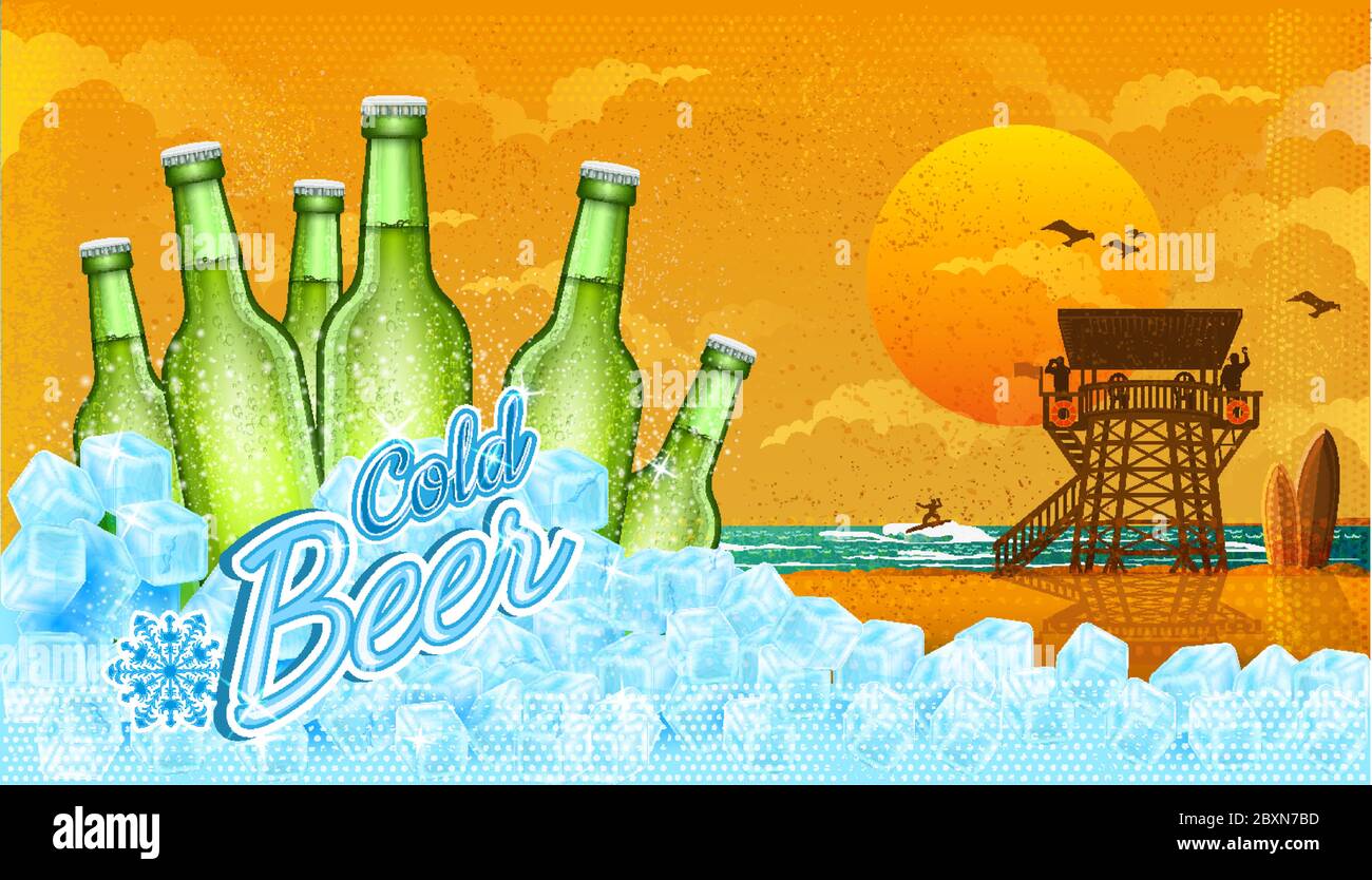 Sei bottiglie di birra in cubetti di ghiaccio con il paesaggio della spiaggia di miami. Illustrazione Vettoriale