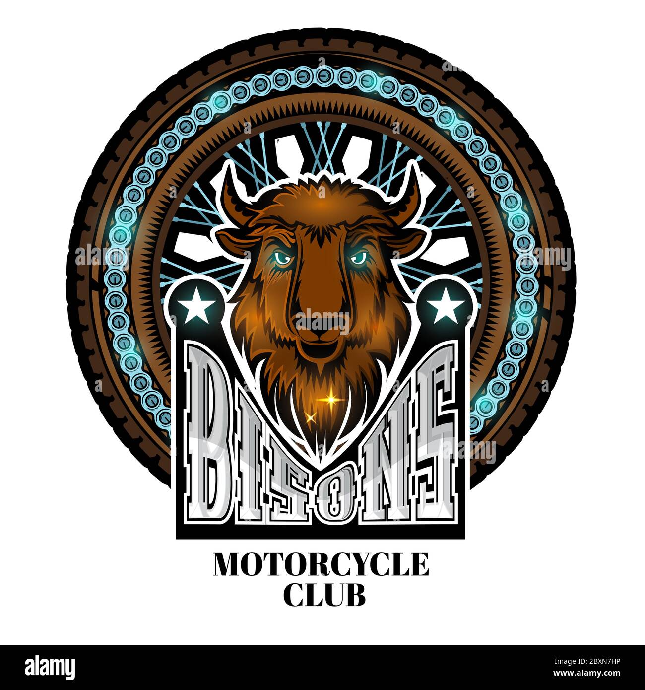 Testa di bisonte al centro della ruota del motociclo, logo colorato isolato su bianco. Illustrazione Vettoriale