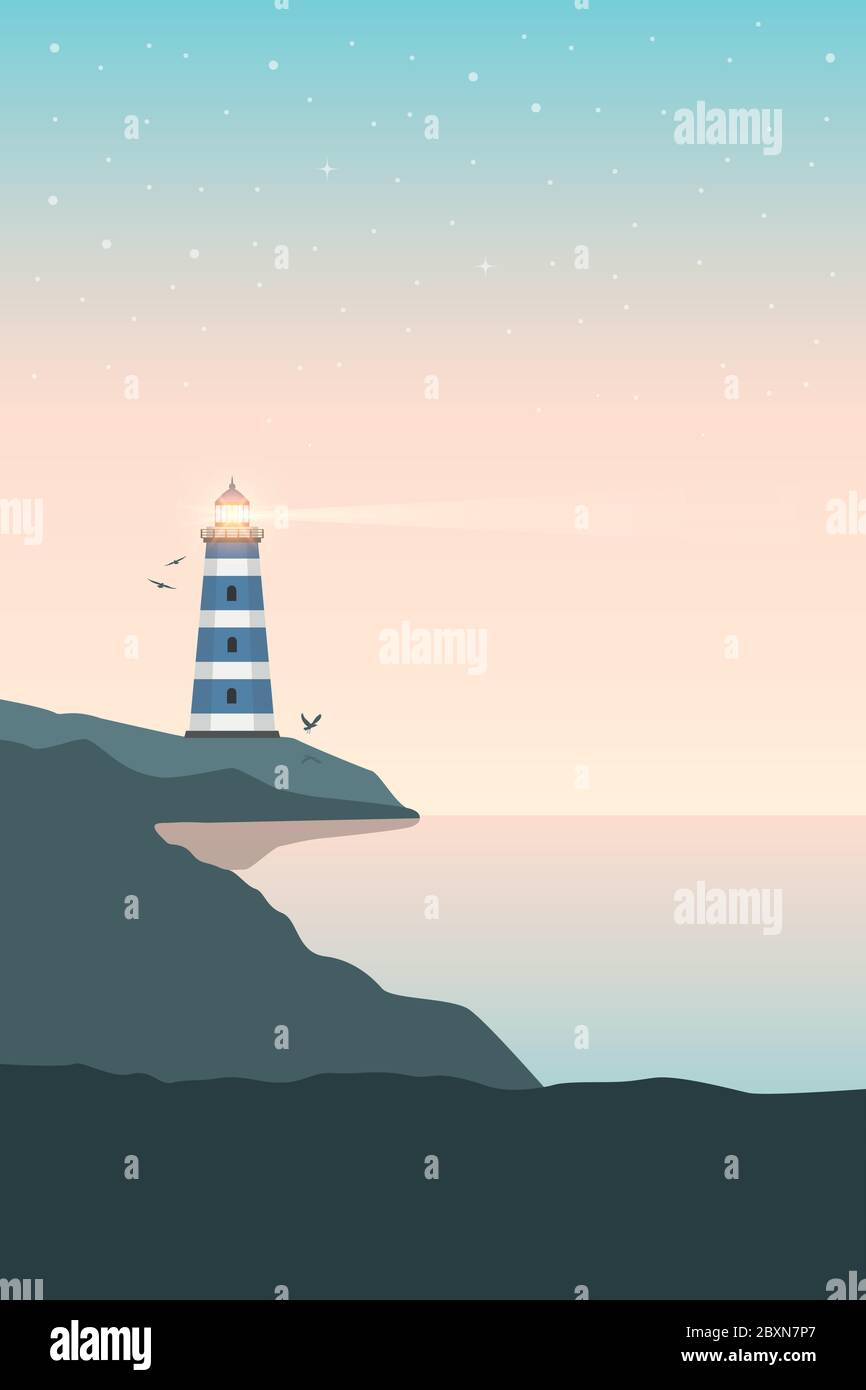 Faro blu dal paesaggio oceanico di notte vettore illustrazione EPS10 Illustrazione Vettoriale