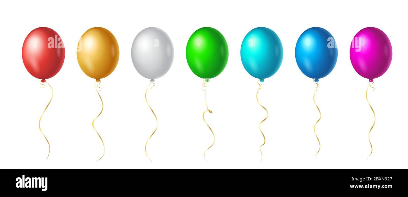 Set di palloncini di elio di colore iridato su sfondo bianco. Elementi dal design realistico e colorato in rosso, bianco, oro, verde, blu, rosa Illustrazione Vettoriale