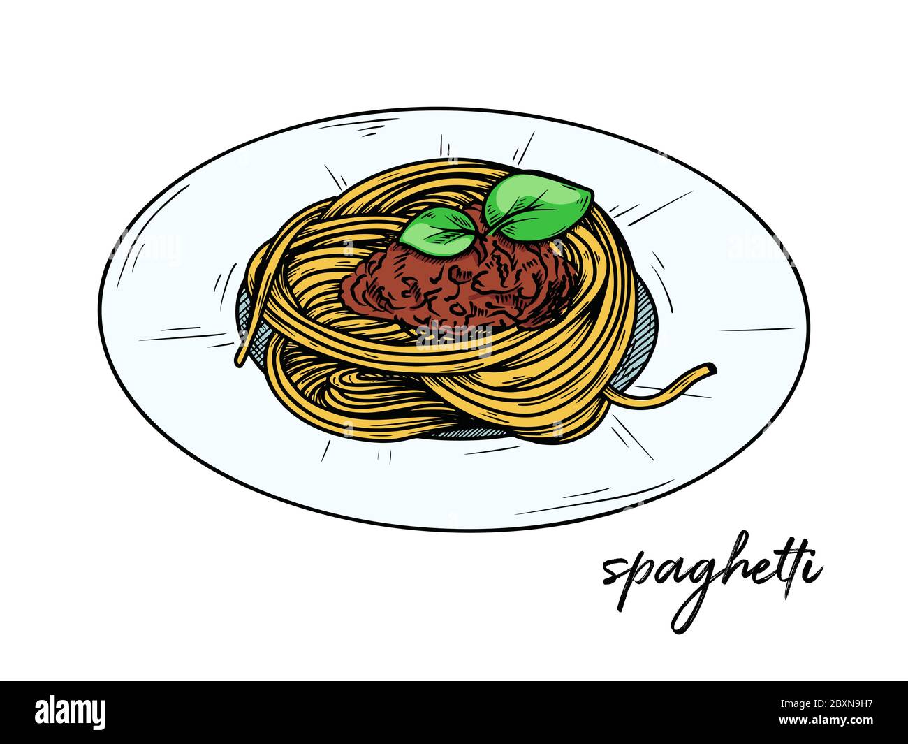 Spaghetti isolati su sfondo bianco. Schizzi piatti italiani. Illustrazione vettoriale nello stile di schizzo. Illustrazione Vettoriale