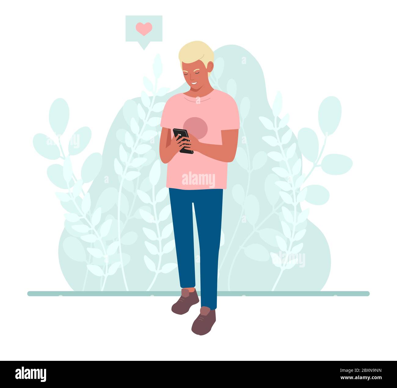 Il ragazzo con il telefono isolato su uno sfondo bianco in uno stile piatto. Un uomo guarda il telefono. Illustrazione vettoriale. Illustrazione Vettoriale