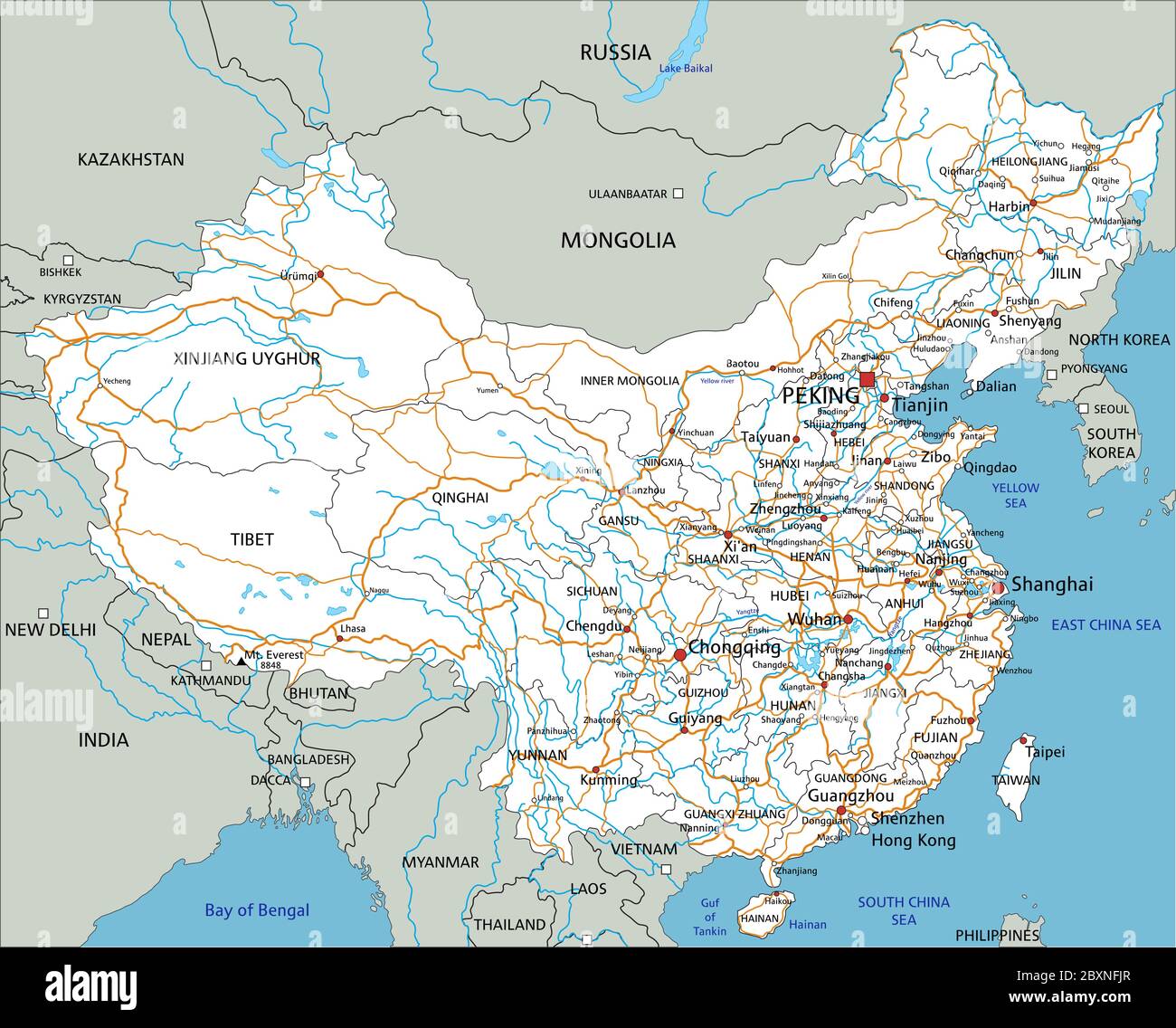 Mappa stradale della Cina dettagliata con etichettatura. Illustrazione Vettoriale