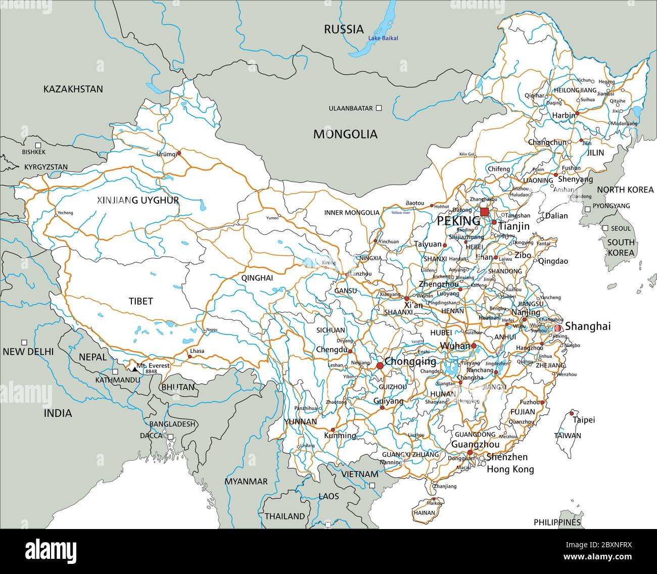 Mappa stradale della Cina dettagliata con etichettatura. Illustrazione Vettoriale