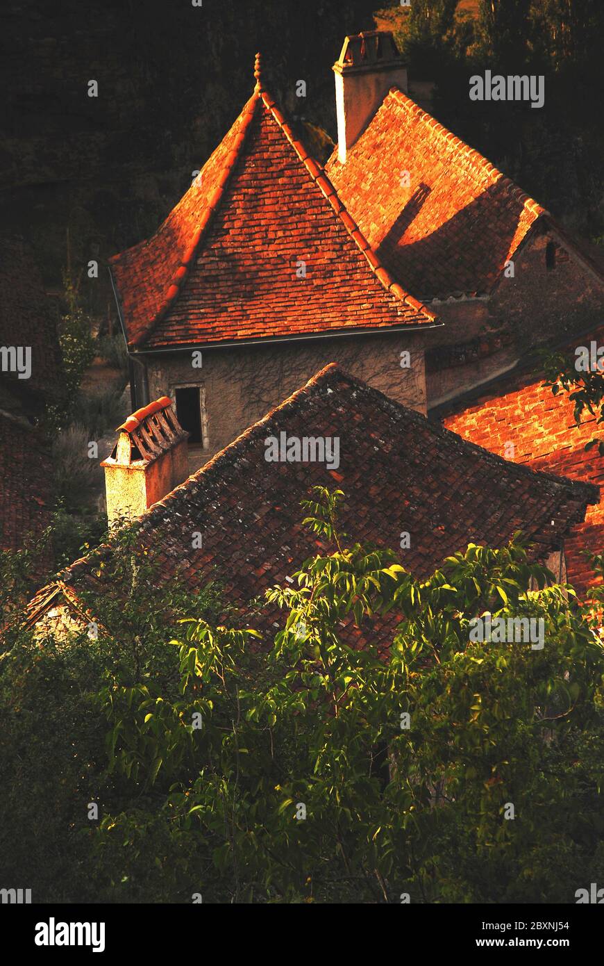 St Cirq-Lapopie Village tetti nel Lot, regione Dordogna, Francia Foto Stock