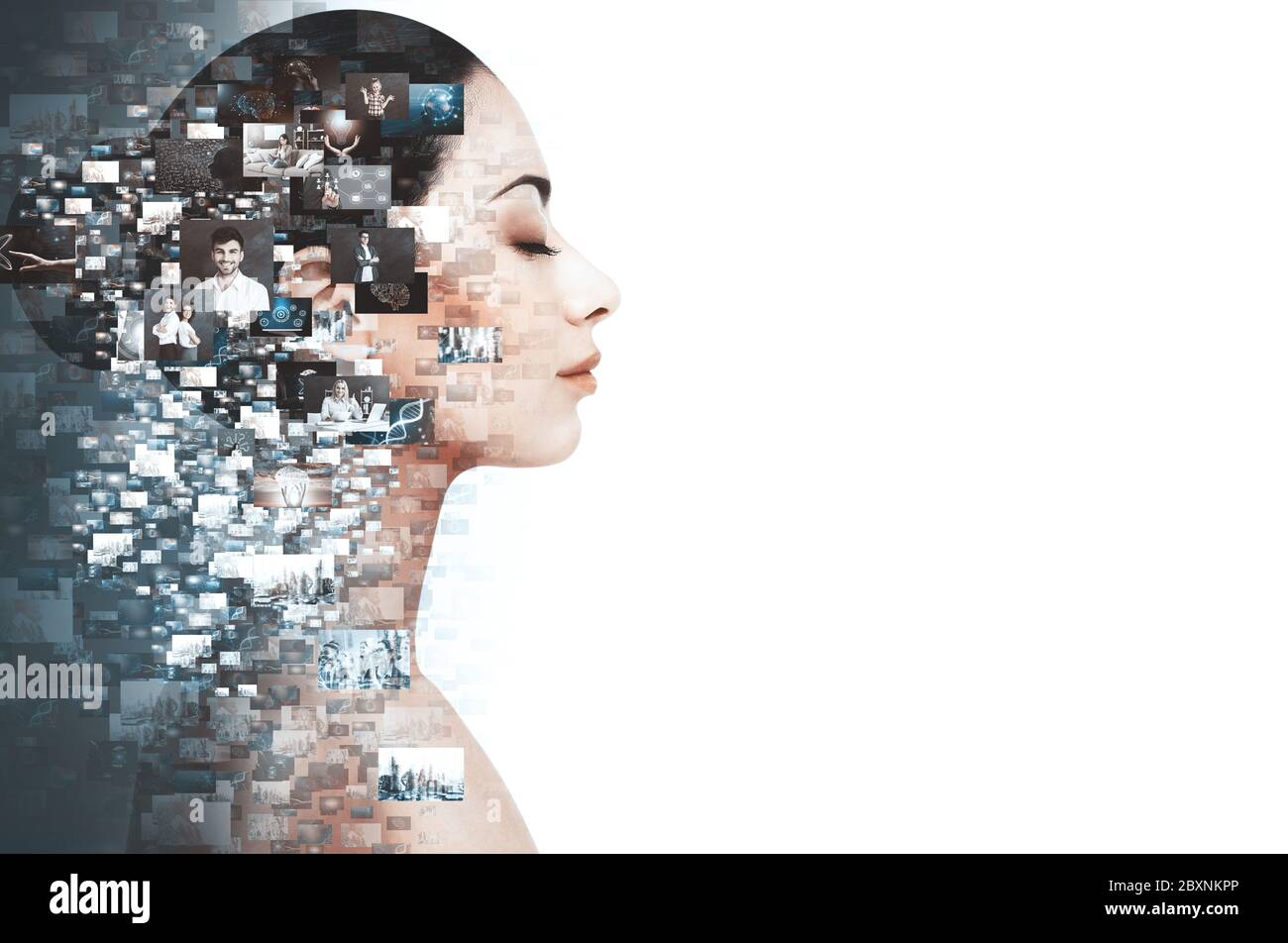 Concetto di rete sociale, conoscenza e competenze. Profilo di ragazza con occhi chiusi, donna consiste di fotografie della sua vita Foto Stock