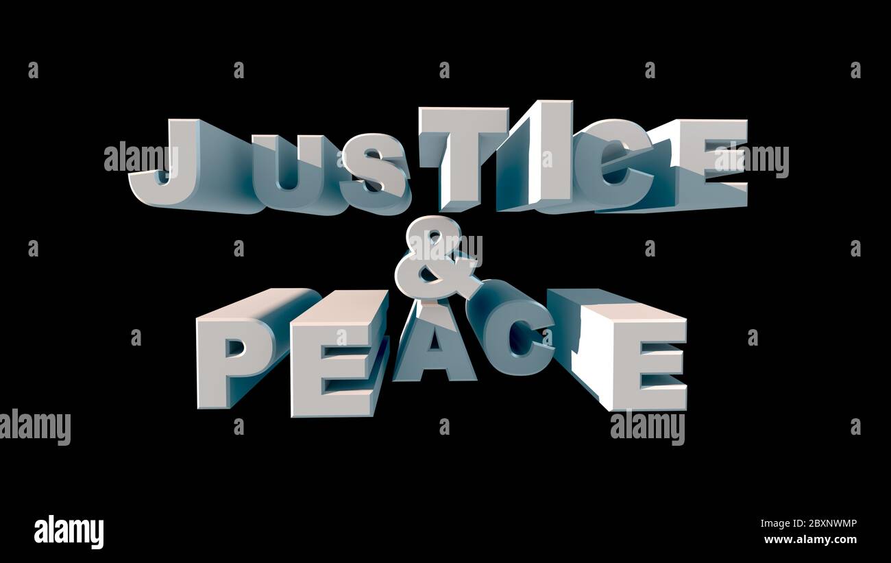 Lettere bianche in grande GIUSTIZIA PACE su sfondo nero rendering 3d Foto Stock