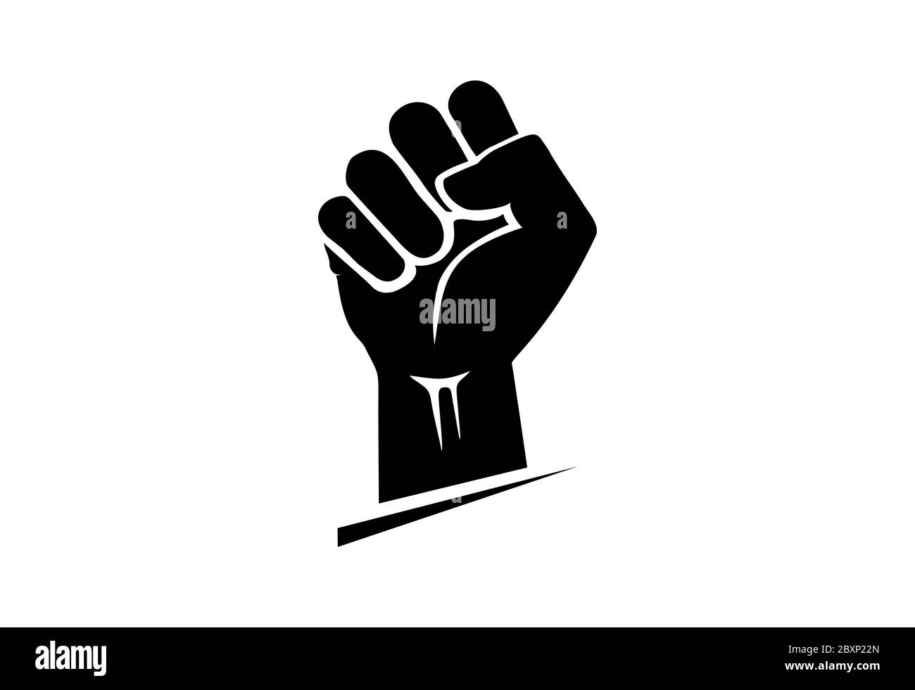 Mano nera sollevata in un pugno clenched, isolata su uno sfondo bianco. Libertà, emancipazione, liberazione e sciopero icona. Icona Black Lives Matter. Foto Stock