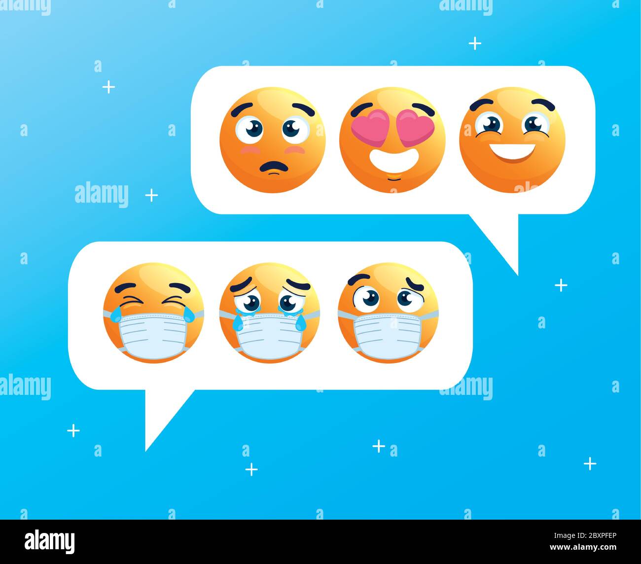 bolle di linguaggio con set di emoji piangendo indossare maschere mediche, chat social media, icone per la covid 19 coronavirus focolaio Illustrazione Vettoriale