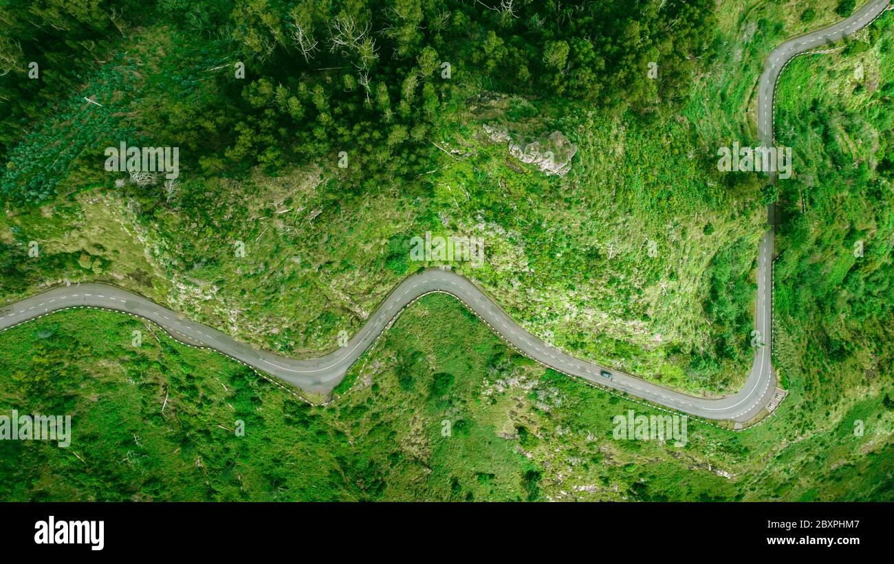 Vista aerea della strada tortuosa attraverso i fitti boschi sull'alta montagna di Sao Vicente, isola di Madeira. Foto Stock