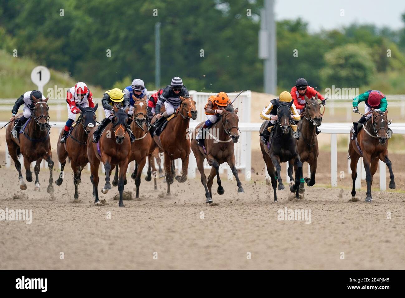 David Egan riding Queen of Silca (sete arancioni) vince il Chelmsford handicap all'ippodromo di Chelmsford. Foto Stock