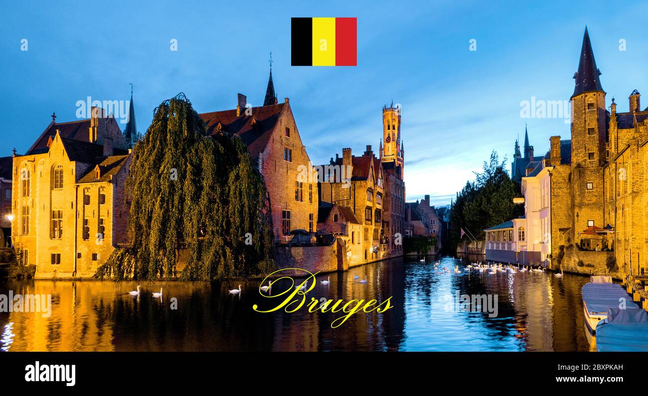 Edifici e canali nella splendida città medievale di Bruges / Brugge, Belgio. Foto Stock