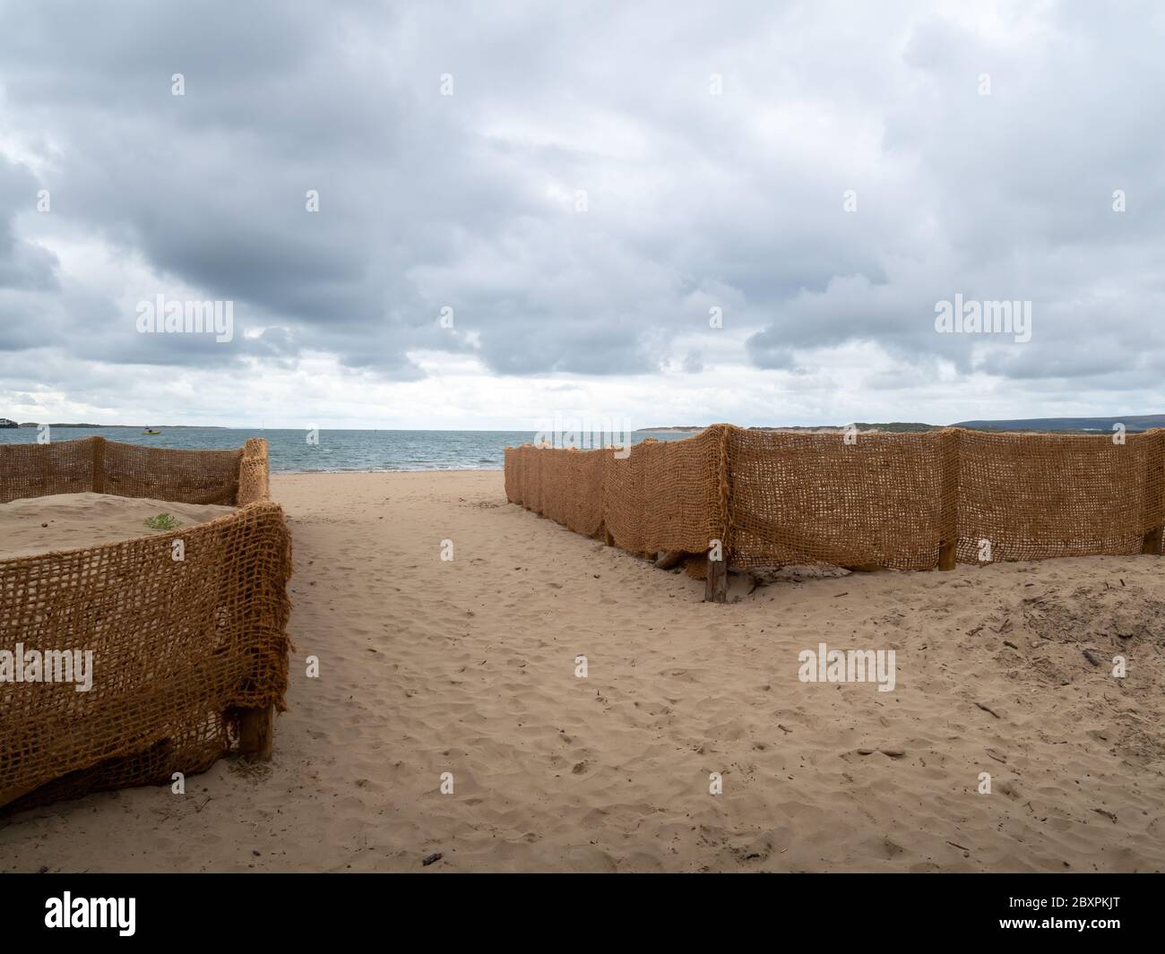 Recinzione tipo Hessian mascheratura biodegradabile sabbia di ritegno per proteggere le case vicine, proprietà da invilimento. Instow, Devon nord. Foto Stock