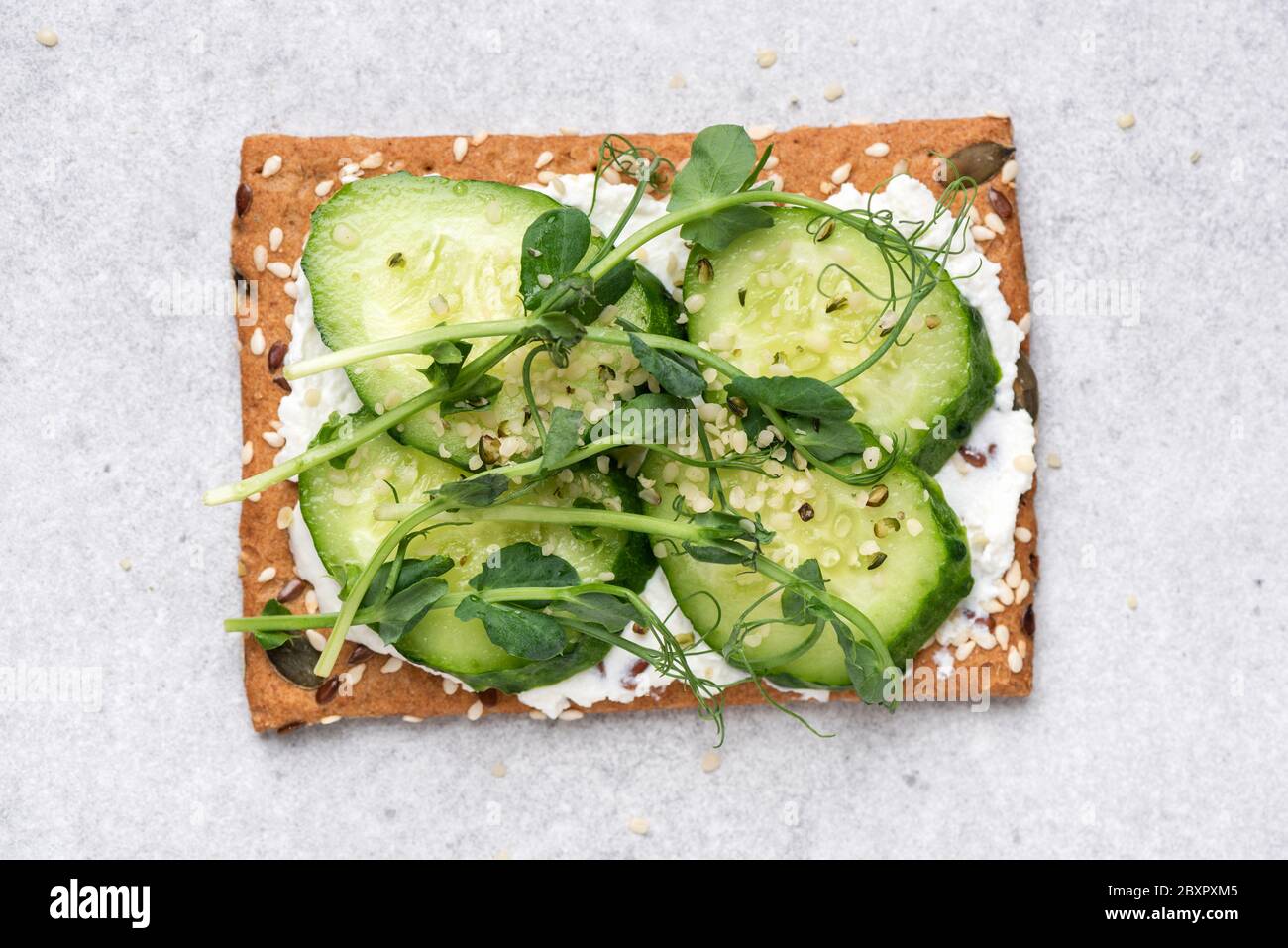Pane croccato di segale con formaggio cremoso, micro verdi e cetriolo guarnito con semi di canapa. Sano spuntino vegetariano. Fondo grigio in cemento Foto Stock