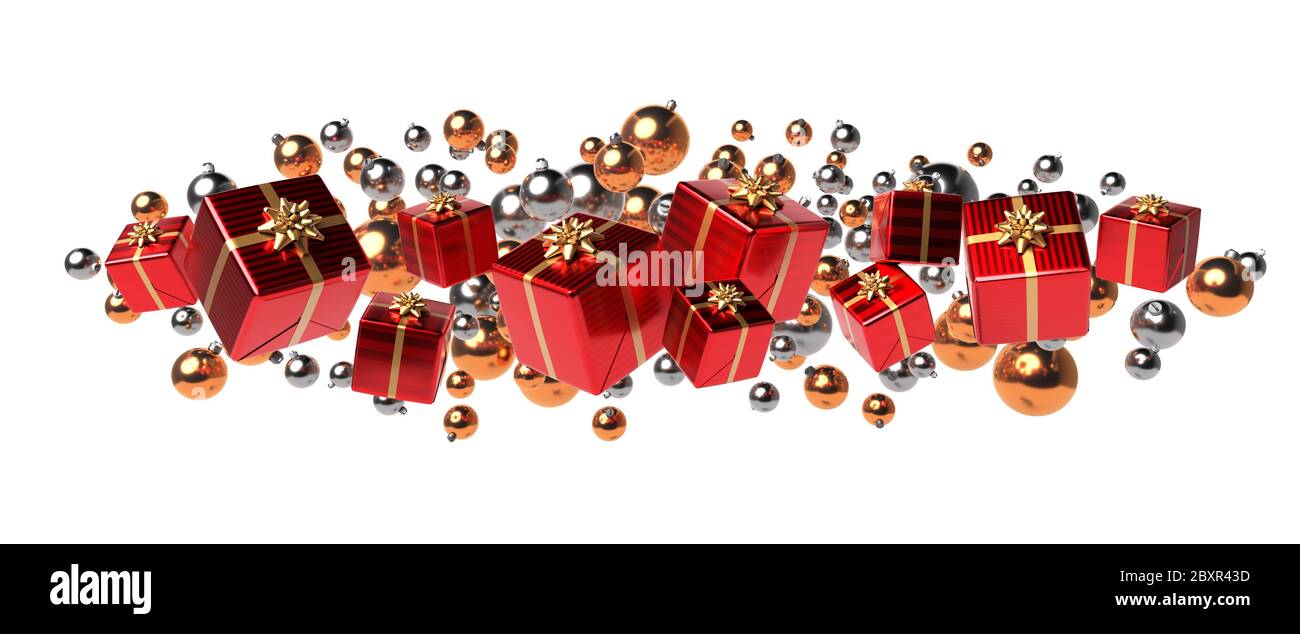 Banner natalizio con regali rossi e ornamenti in oro rendering 3D Foto Stock