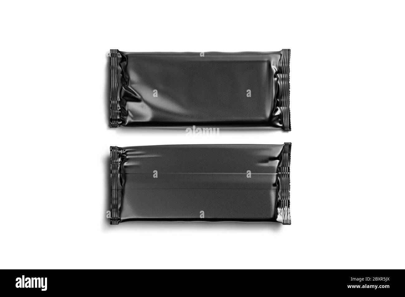 Mockup di pellicola nera di pellicola di pellicola di cioccolato della barra di colore bianco, anteriore e posteriore Foto Stock