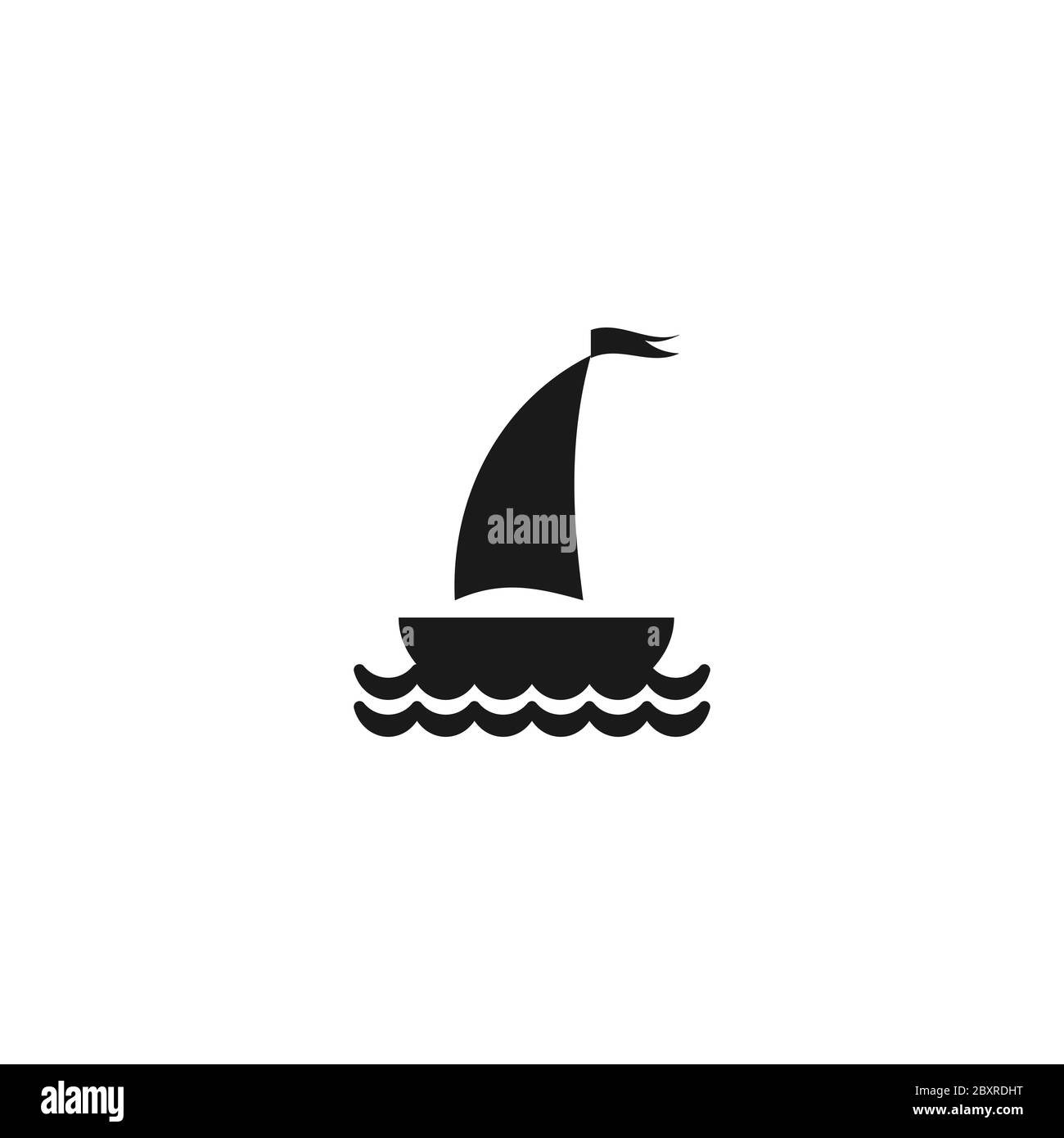 Silhouette di barca nera con due vele e bandiera a forma di onda sulla parte superiore. Logo isolato su sfondo bianco. Icona marina in estate. Illustrazione vettoriale Illustrazione Vettoriale