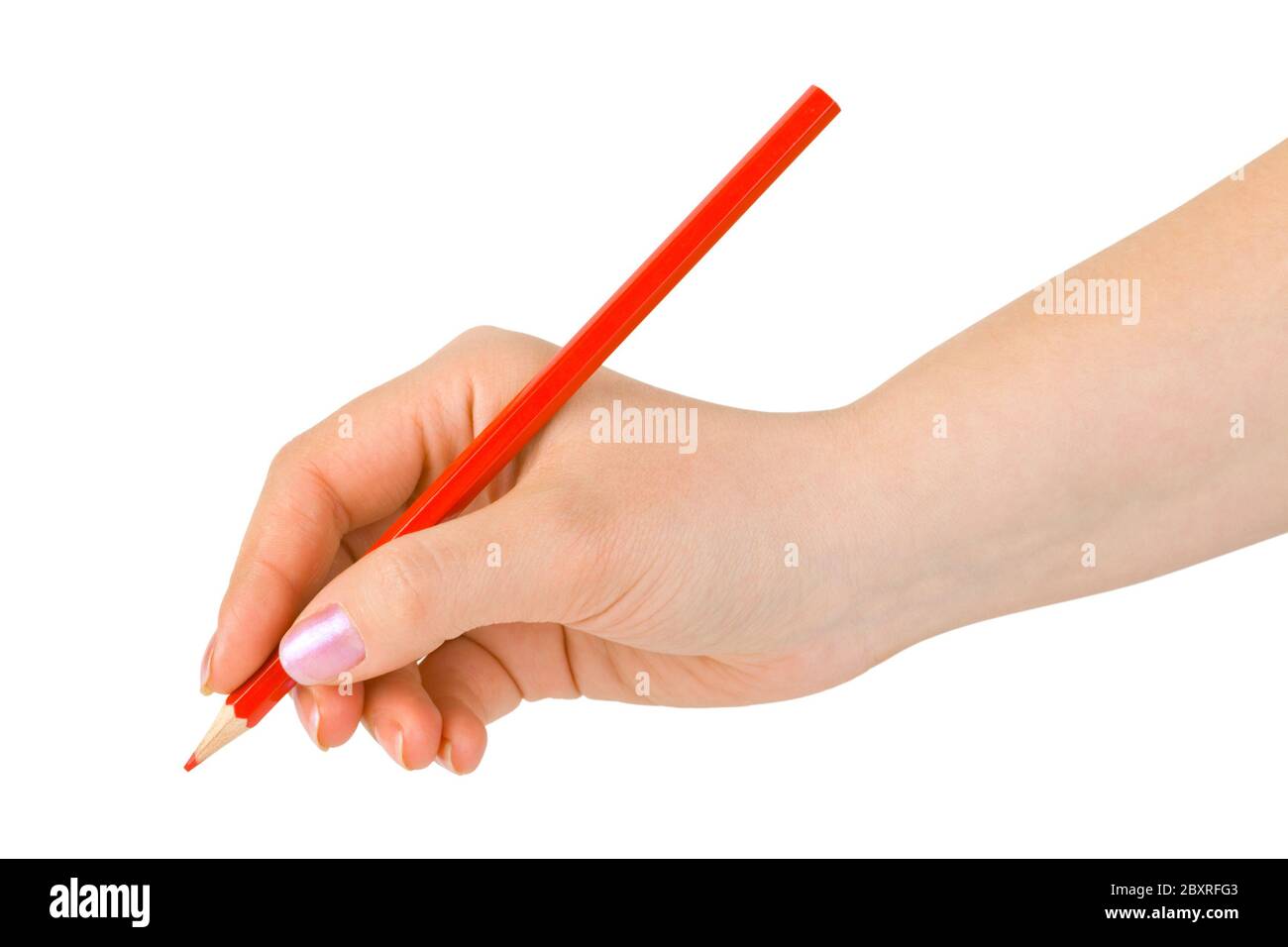 Matita rossa in mano Foto Stock
