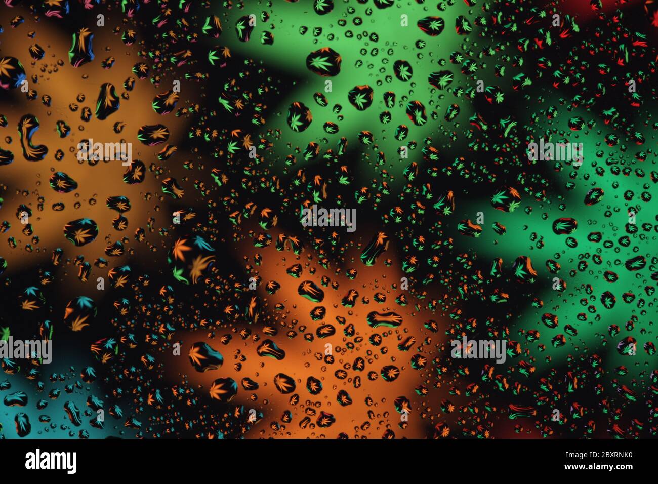 Riflessione di Cannabis pianta opere d'arte nelle gocce d'acqua spruzzato su un pezzo di vetro trasparente. Foto Stock