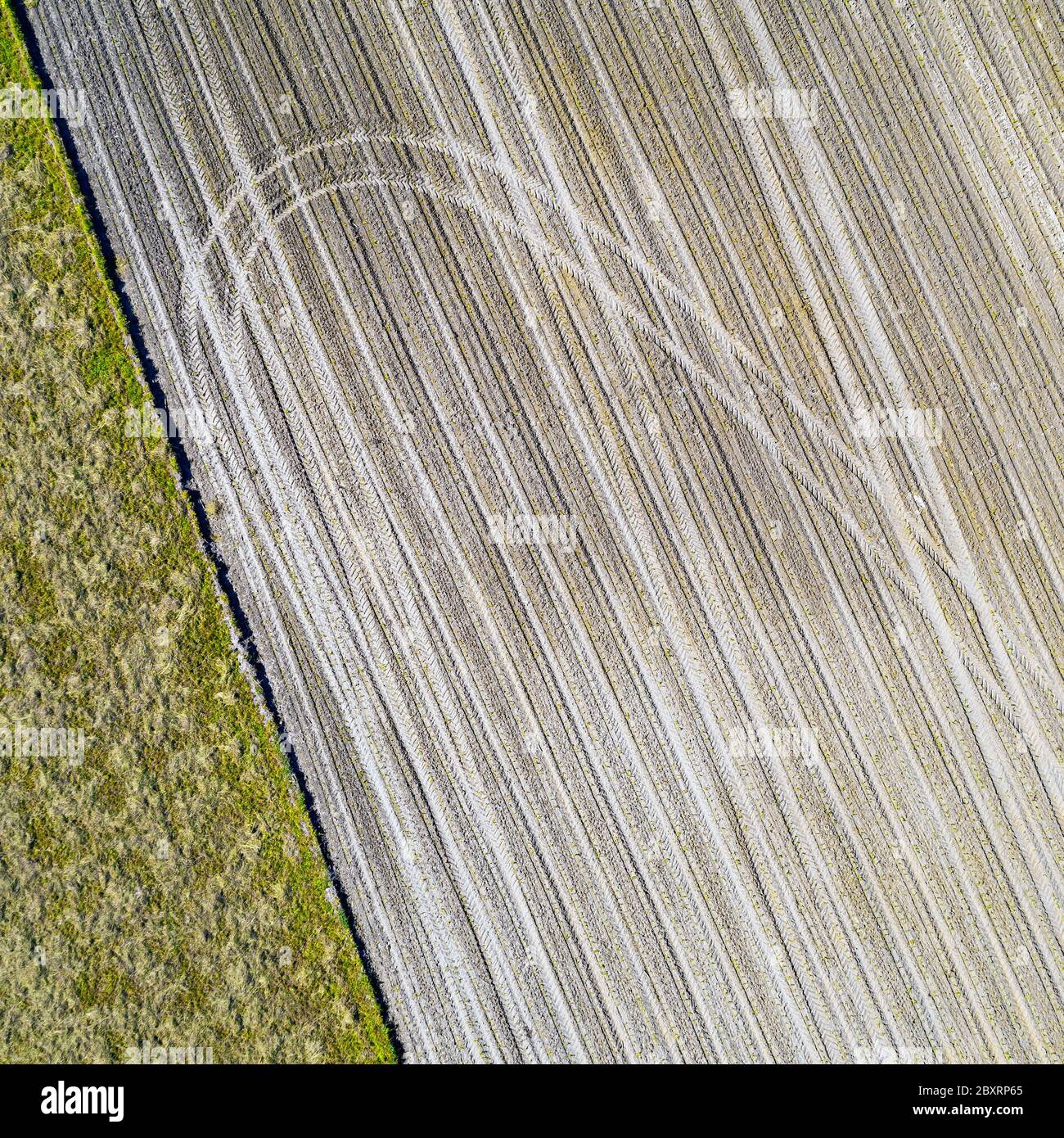 haymaking meccanizzato - vista aerea del drone Foto Stock