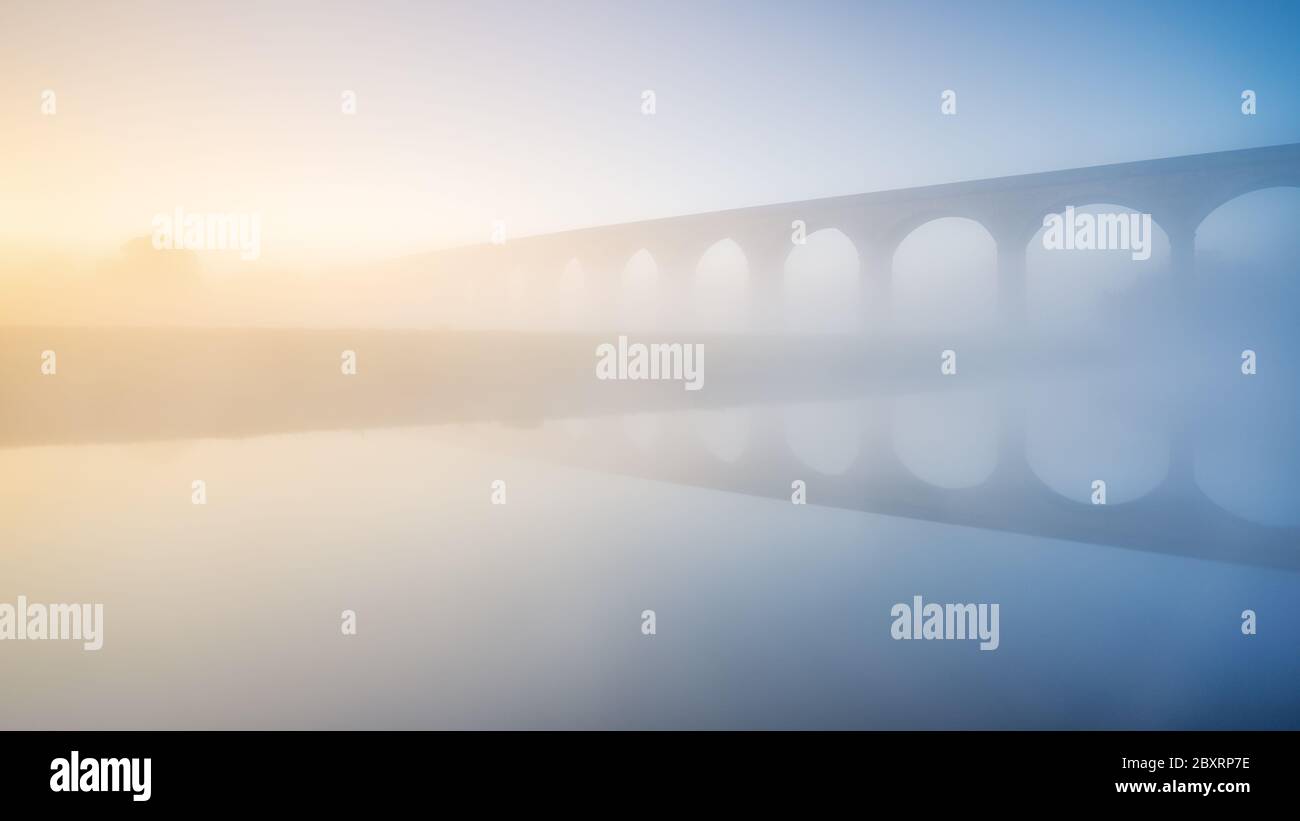 La luce del sole che sorge fa illuminare la nebbia che avvolge Arthington Viaduct in tarda mattinata primaverile a Lower Wharfedale. Foto Stock
