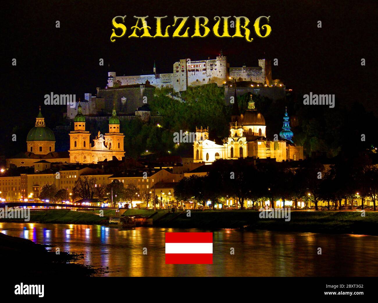 La città austriaca di Salisburgo nelle Alpi orientali di notte - Castello di Hohensalzburg (in alto), Salzburger Dom (Cattedrale di Salisburgo) (in basso a sinistra) e Kolle Foto Stock