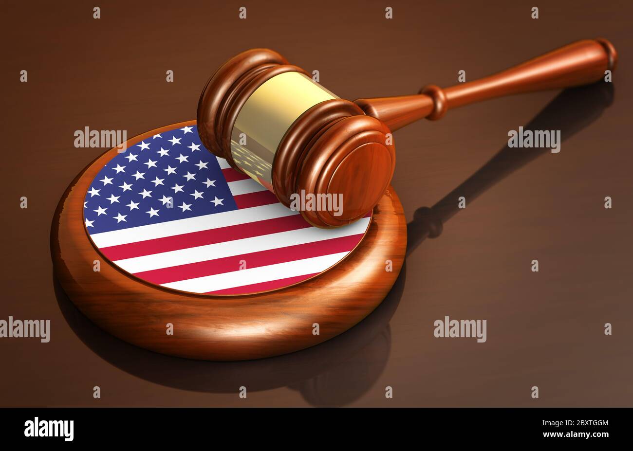 Legge americana e giustizia del concetto degli Stati Uniti d'America con una rappresentazione 3d di un giavello giudice e la bandiera degli Stati Uniti su una scrivania di legno. Foto Stock