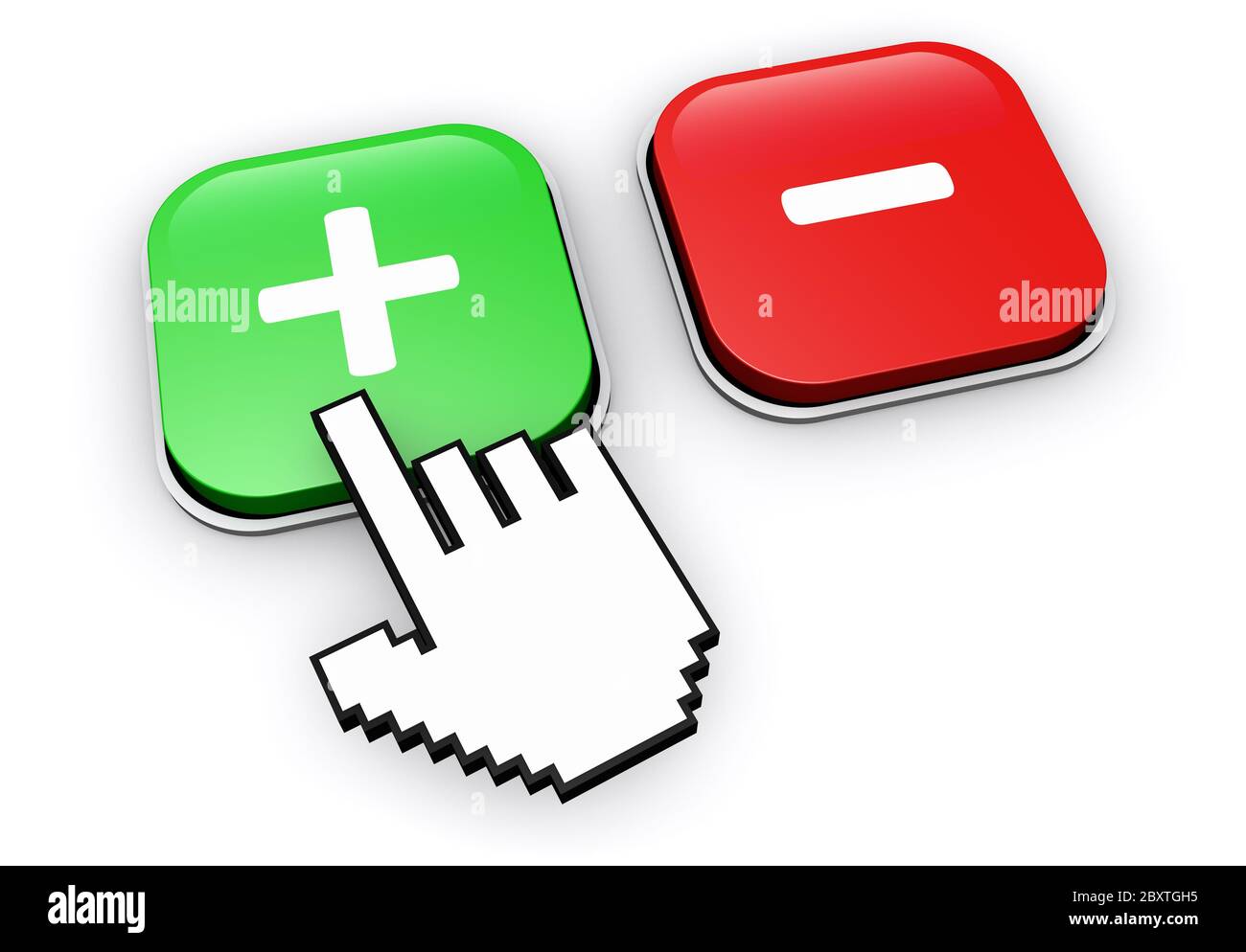 Concetto di gestione finanziaria aziendale con la mano astratta che fa clic sul segno più e meno sui pulsanti web illustrazione 3D isolata su sfondo bianco. Foto Stock