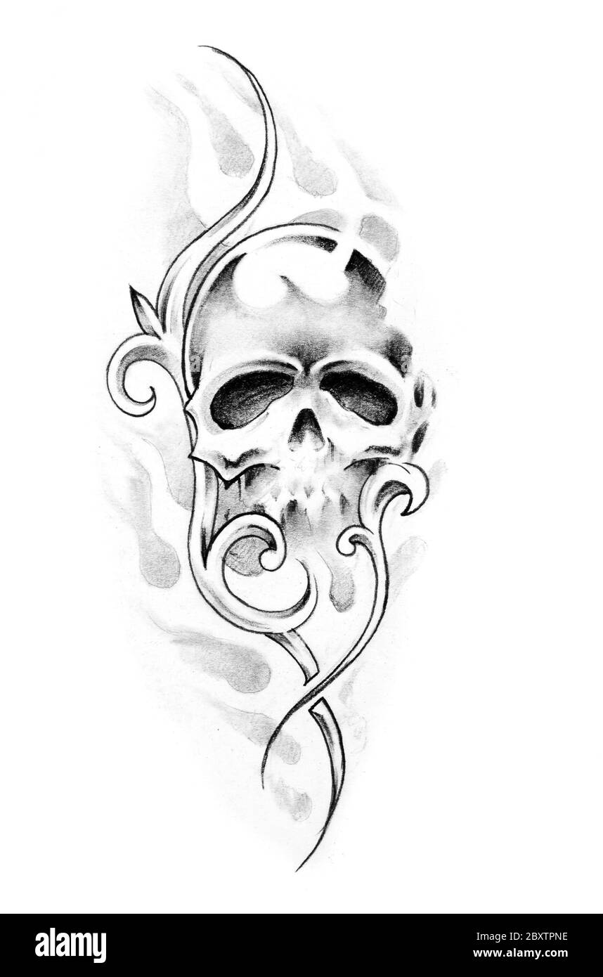 Schizzo di arte del tatuaggio, cranio Foto Stock