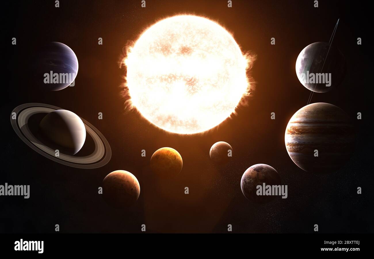 Sistema solare. Tutti i pianeti davanti al Sole Foto Stock