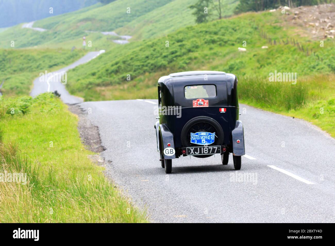 MOFFAT, SCOZIA - 29 GIUGNO 2019: Austin sette auto in un rally auto classico in rotta verso la città di Moffat, Dumfries e Galloway Foto Stock