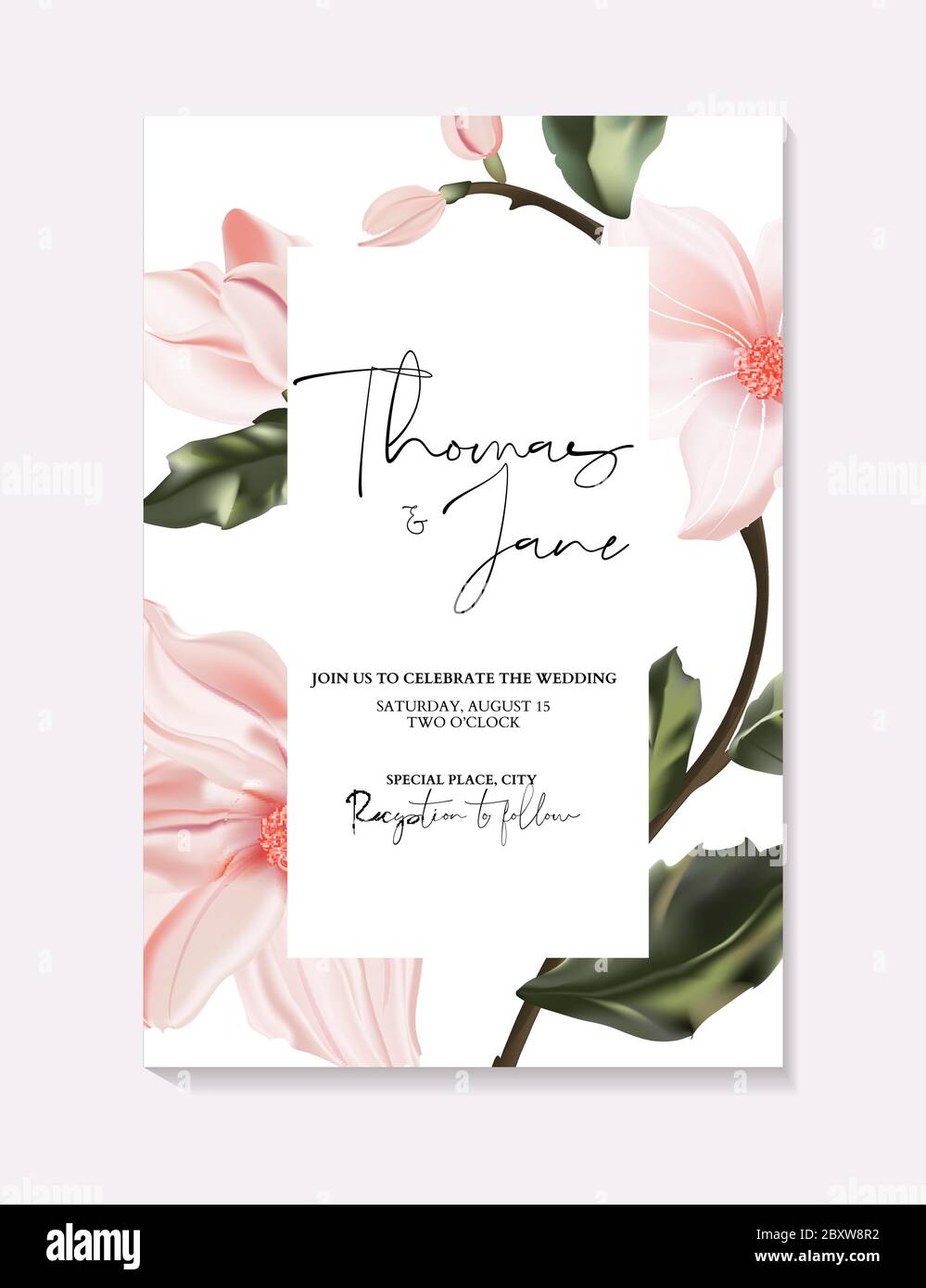 Composizione cornice invito matrimonio con fiori, foglie, acquerello, vettore minimo. Pernischiata realistica, ghirlanda floreale ed alle erbe con rosa, Illustrazione Vettoriale
