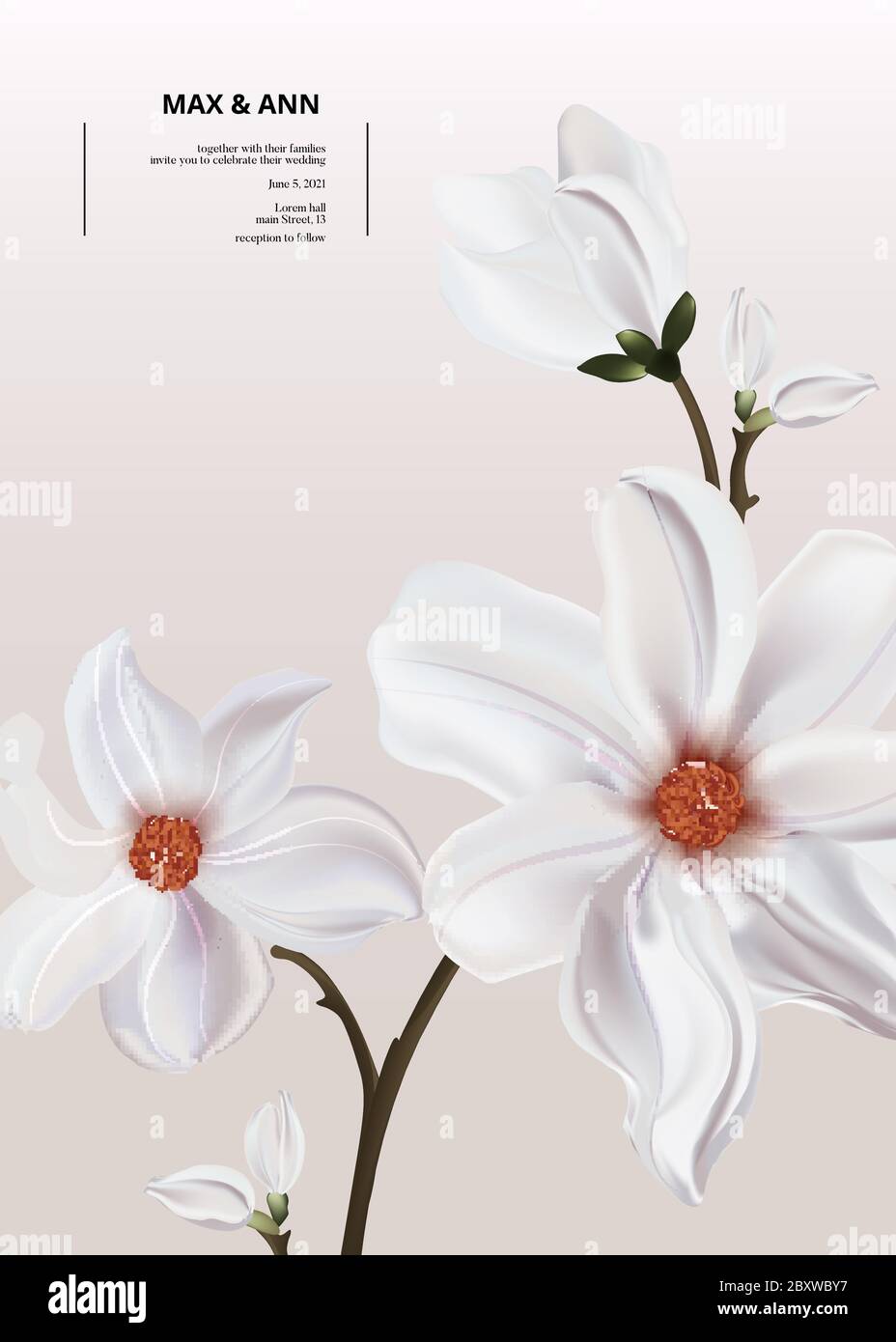 Stampa vettoriale 3d realistica con magnolia bianco tenera, saluto di compleanno, modello di biglietto di nozze, concetto di vacanza donna. Salva la data soft giardino fiore il Illustrazione Vettoriale