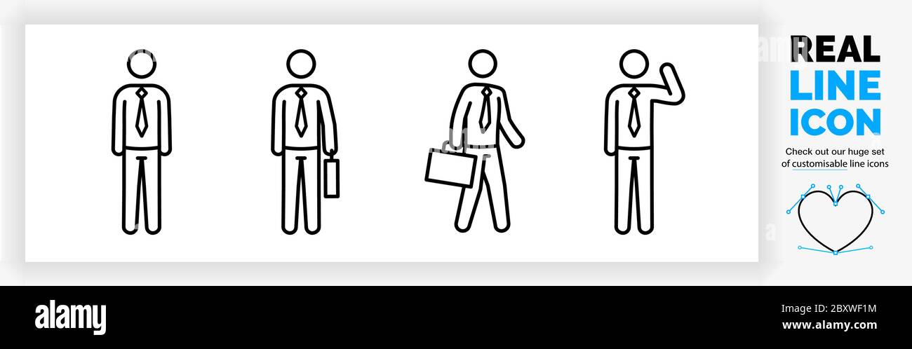 Set di icone di linea reale modificabile di tutto il corpo di un uomo d'affari figura bastone Illustrazione Vettoriale