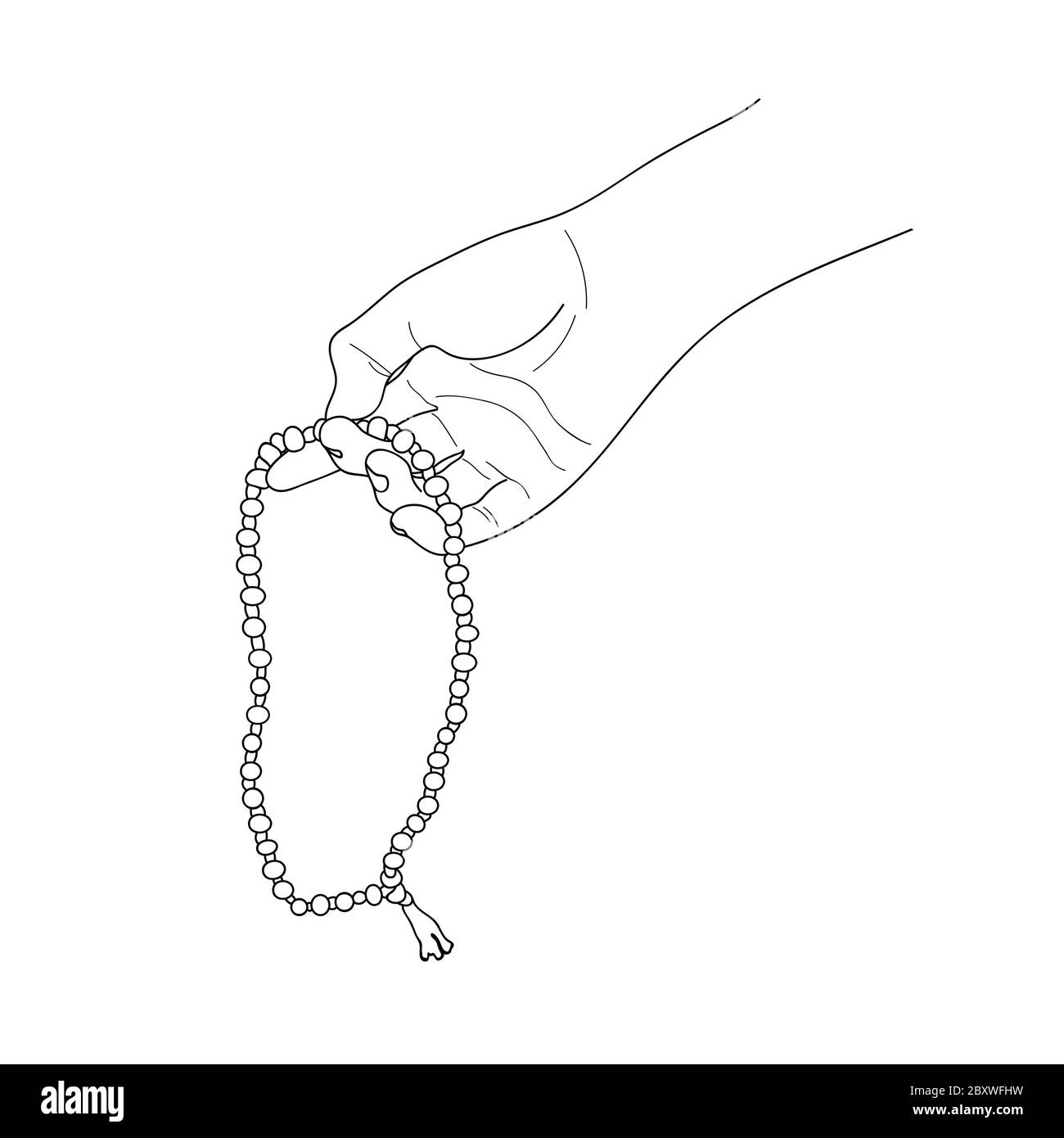La preghiera perla in una mano. Conteggio in tasbih. Japa Mala meditazione. Vettore. Illustrazione Vettoriale