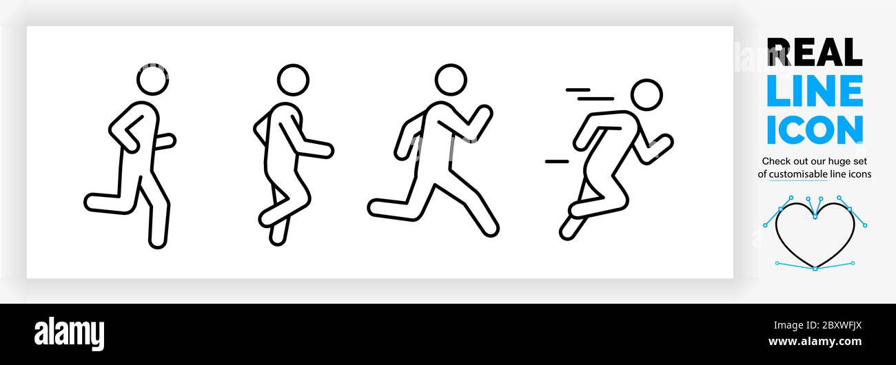 Set di icone di linea reale modificabile di una figura di bastone ragazzo che corre veloce e jogging Illustrazione Vettoriale