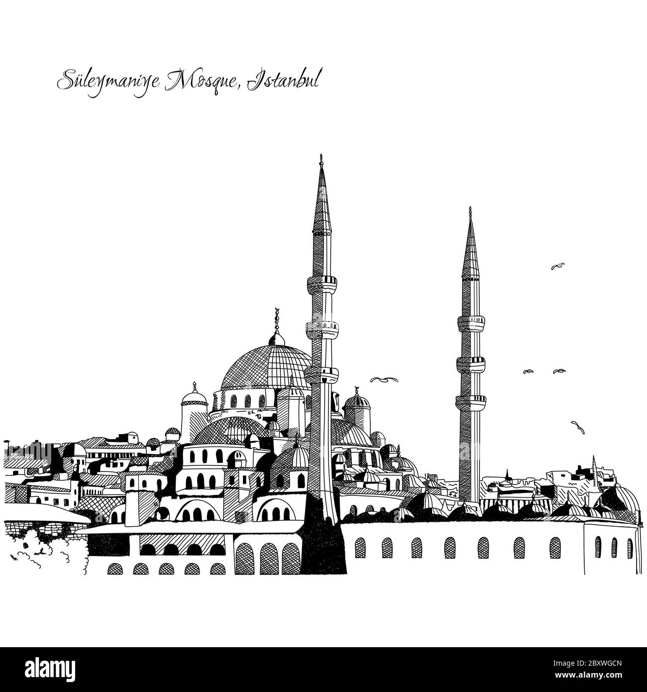Schizzo della Moschea di Süleymaniye, Istanbul Note. Vettore. Illustrazione Vettoriale