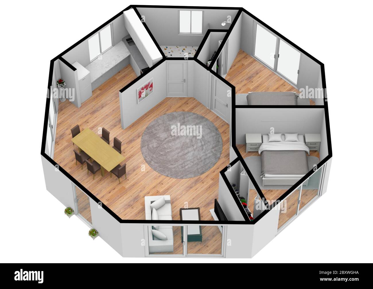 vista dall'alto 3d. Set di progetti al piano terra. Planimetrie per immobili. Progetto architettonico 3d con i mobili. Pianta a colori. Foto Stock