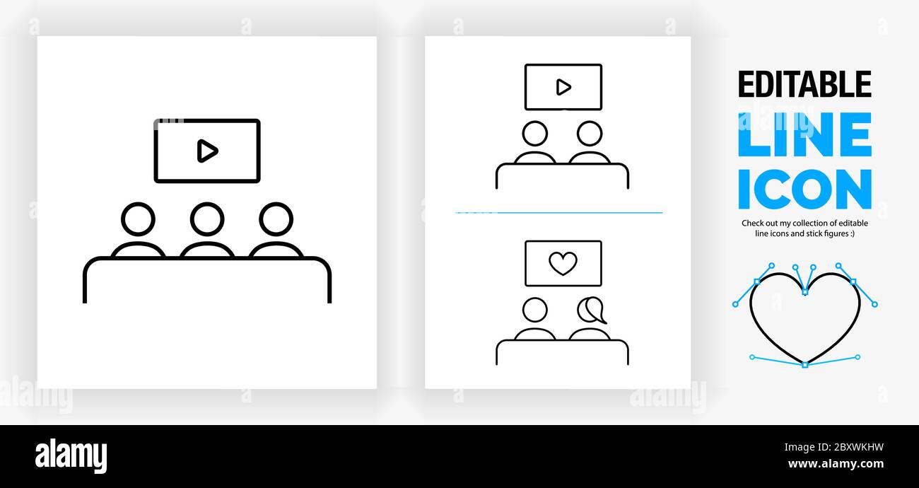 Icona della linea modificabile di persone che guardano la tv Illustrazione Vettoriale