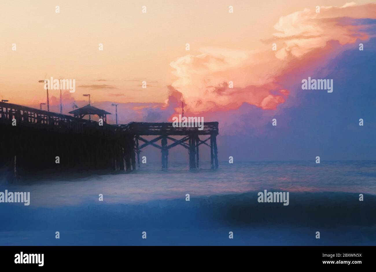 Arte digitale di un'alba con nuvole nel cielo in un molo a Myrtle Beach South Carolina. Foto Stock