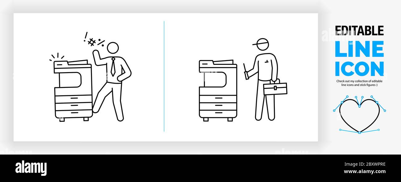 Icona della linea modificabile di una stampante rotta e riparazione Illustrazione Vettoriale