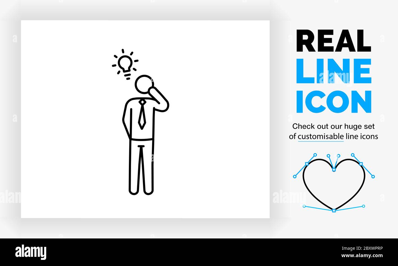 Icona di linea modificabile di una persona figura di bastone con un'idea come una lampadina Illustrazione Vettoriale