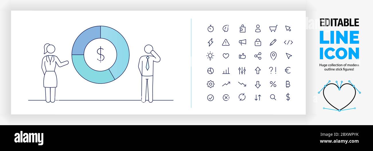 Illustrazione della linea modificabile di due figure di bastone di contorno che si levano in piedi accanto ad un grafico grande blu e verde della torta Illustrazione Vettoriale