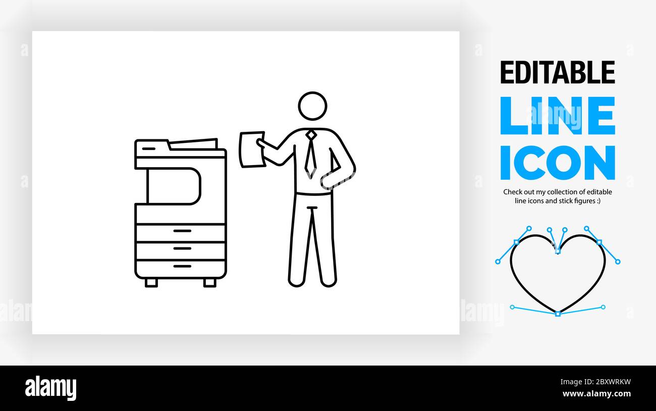 Icona della linea modificabile di un uomo d'affari con figure a bastone in piedi accanto alla copiatrice nel reparto stampa Illustrazione Vettoriale